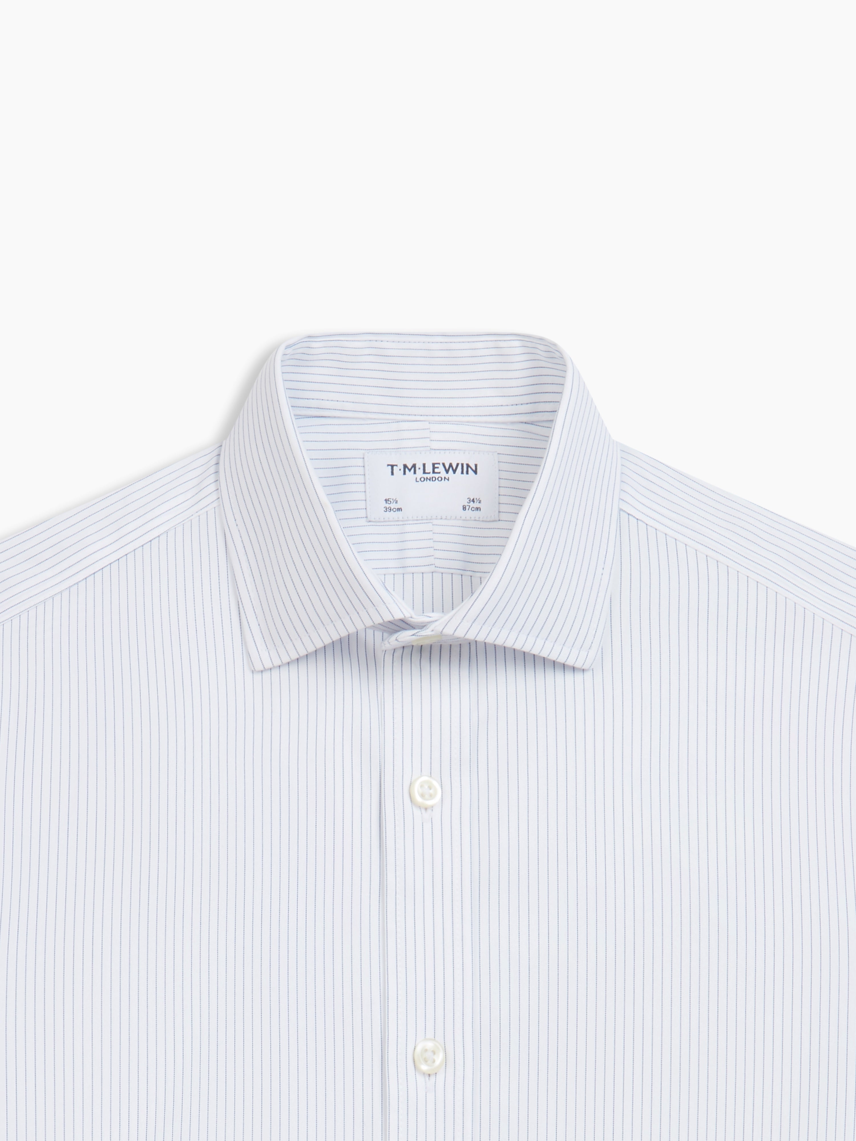 Non-Iron Navy Blue Dash Stripe Plain Weave Fitted Single Cuff Semi-Cutaway Collar Shirt