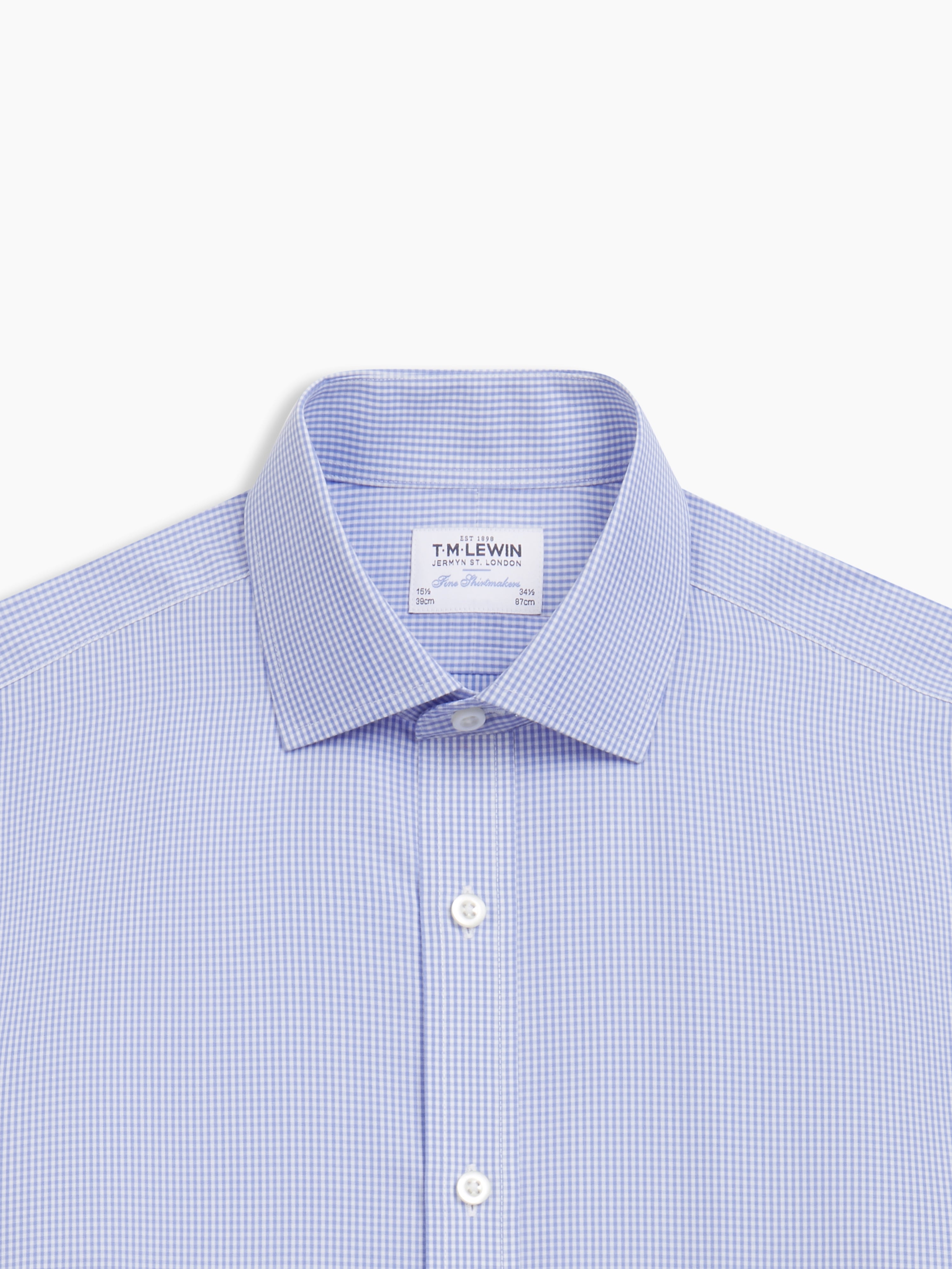 Non-Iron Light Blue Mini Gingham Poplin Slim Fit Single Cuff Classic Collar Shirt