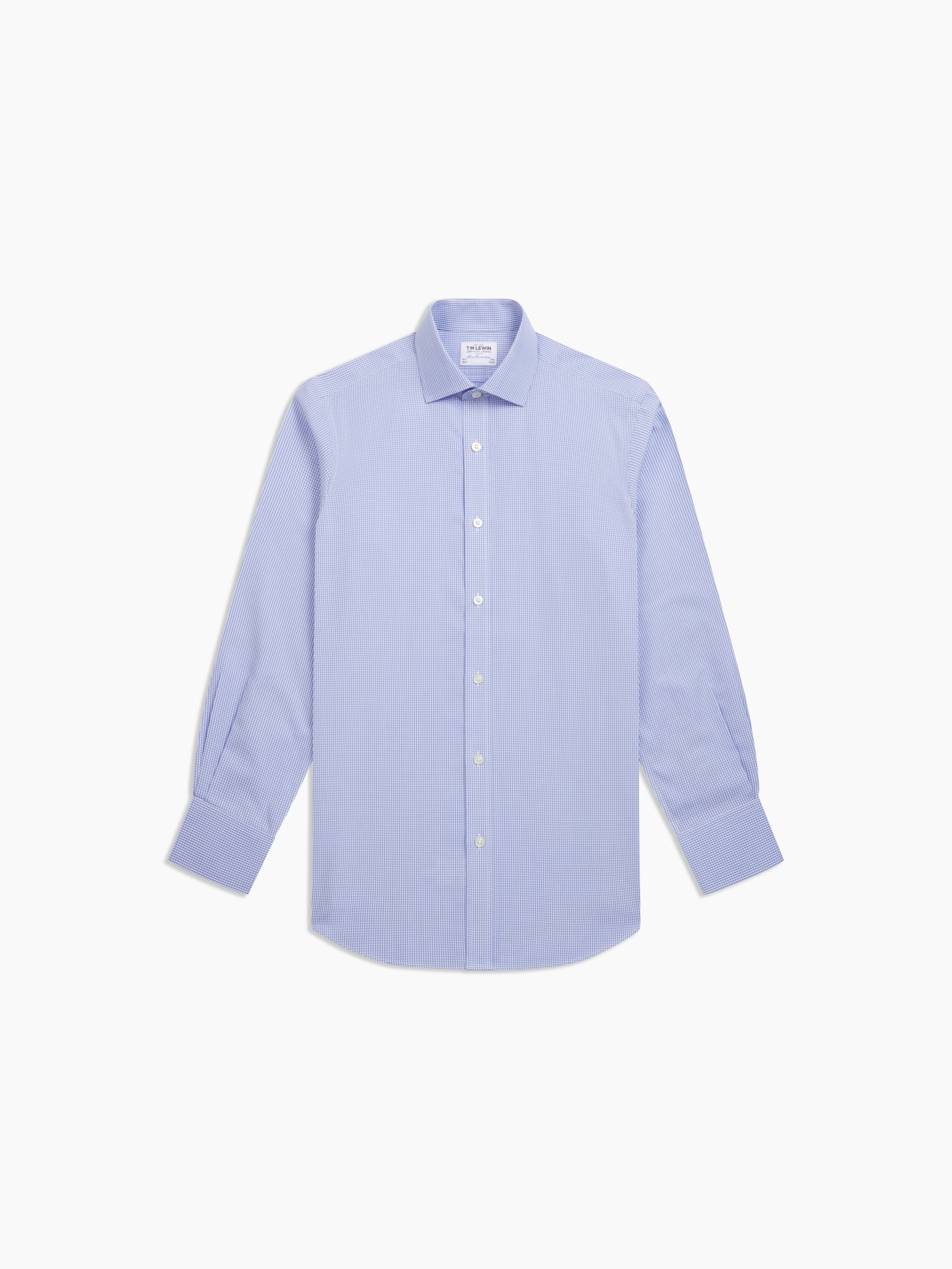 Non-Iron Light Blue Mini Gingham Poplin Slim Fit Single Cuff Classic Collar Shirt