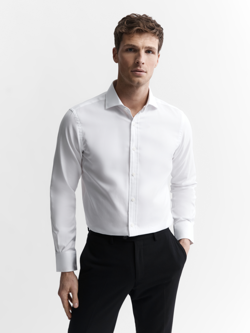 White Fine Twill Slim Fit Single Cuff Cutaway Collar Shirt