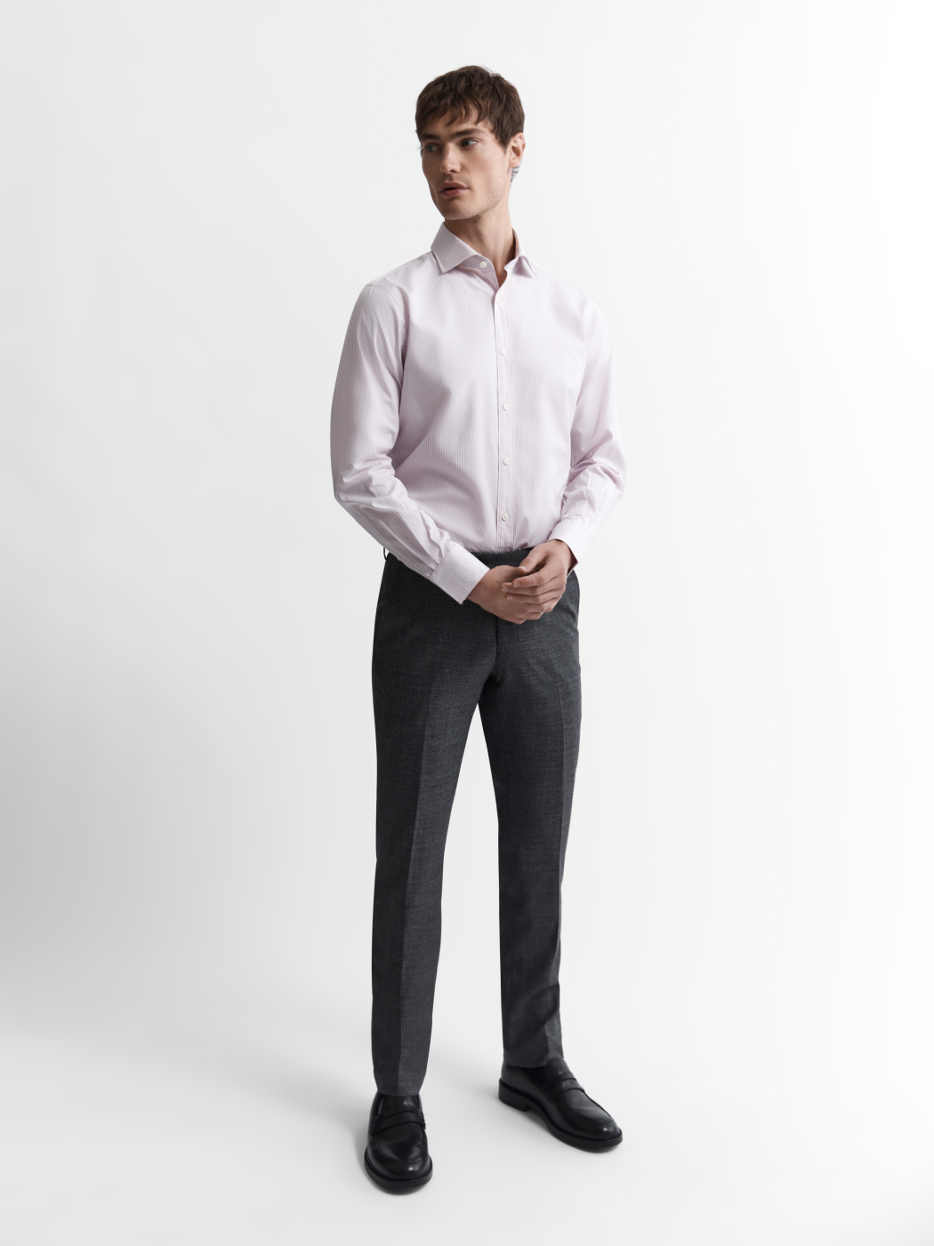 Pink Edged Stripe Poplin Slim Fit Single Cuff Classic Collar Shirt