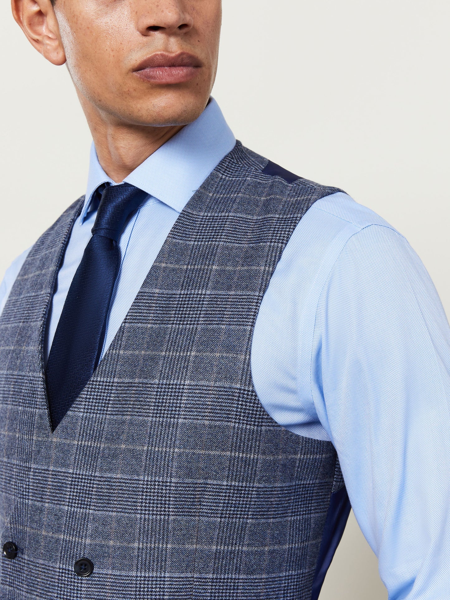 Hampstead Wool Silk Cashmere Slim Fit Blue and Taupe Check Waistcoat