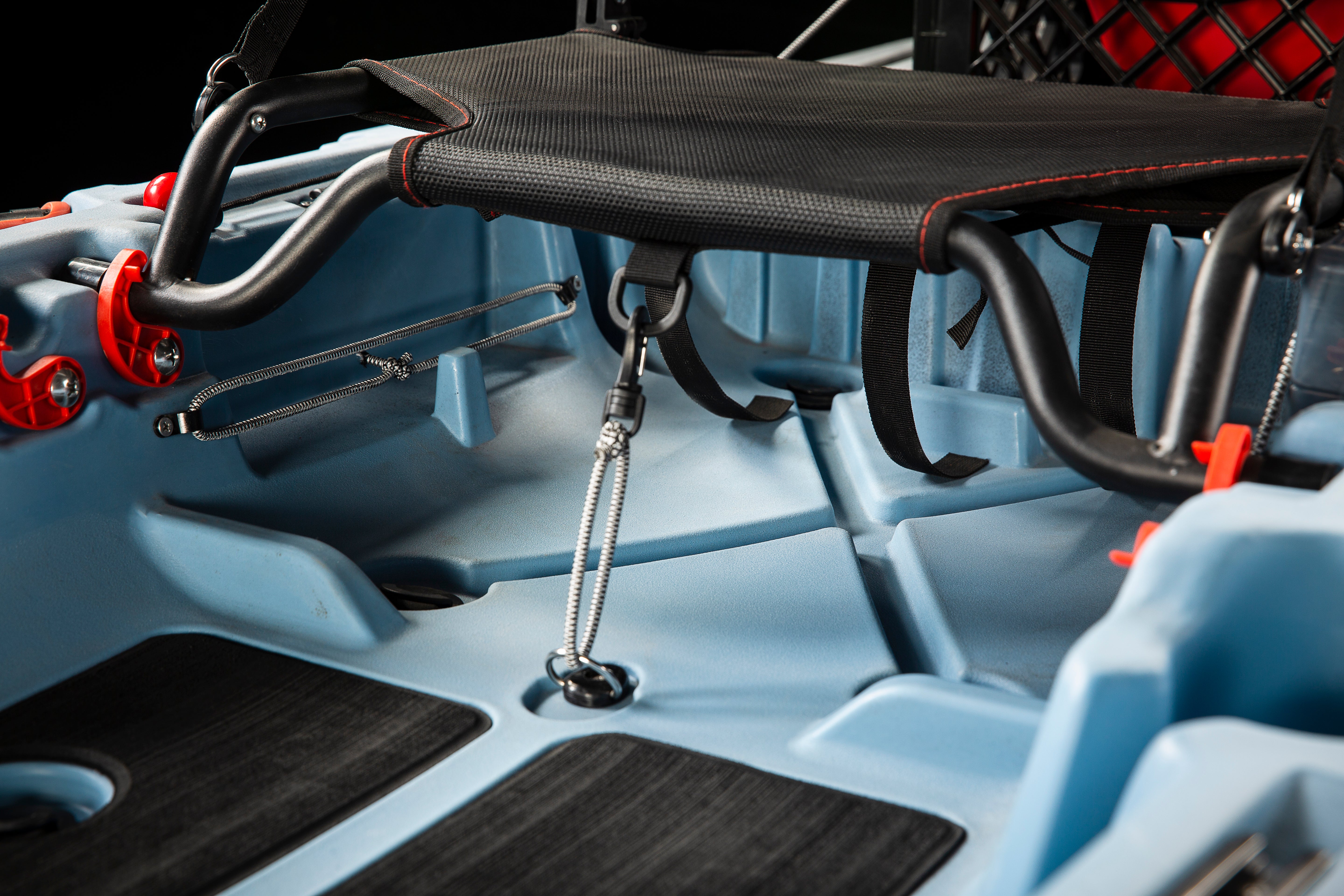 View of the front of the Hero 2.0 Seat on the Makana 100 showing off under seat storage