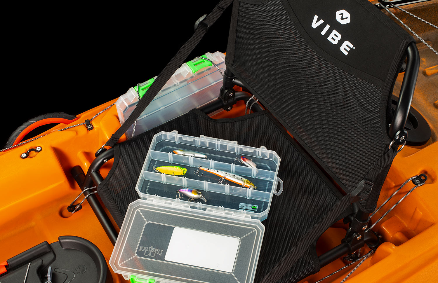 Tackle tray storage on Vibe Sea Ghost 110 kayak