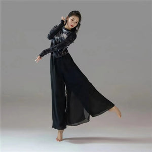 New Modern Dance Classical Dance Black Tie-dye Top Performance Practice Costume Yoga Flowing Chiffon Wide Leg Pants - CosWigShop.com - Black Dance Pants
