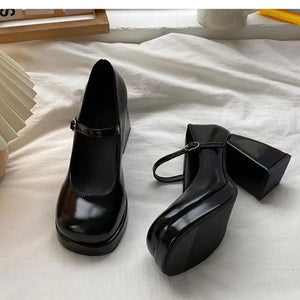 Hnzxzm Lolita Shoes Japanese Girl Platform Black High Heels Fashion Round Toe Mary Jane Women Patent Faux Leather Student Cosplay Shoes - hnzxzm