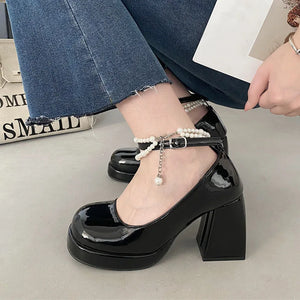 Hnzxzm Pearl Ankle Strap Platform Pumps Women New Patent Leather High Heels Mary Janes Woman Elegant Chunky Heeled Party Shoes - hnzxzm