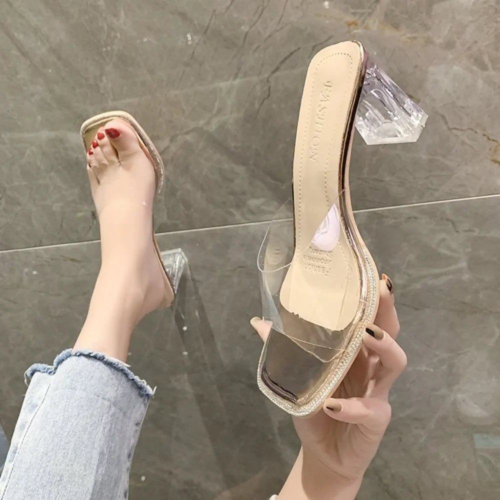 Hnzxzm Transparent High Heel Sandals for Women New Summer Desiger Crystal Shoes Female Fashion Casual Big Size Slippers Ladies