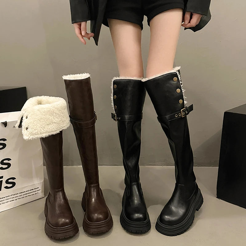 Hnzxzm Winter Women Warm Cotton Knee High Boots Elegant Slip On Shoes Concise Thick Heel Long Botas De Mujer