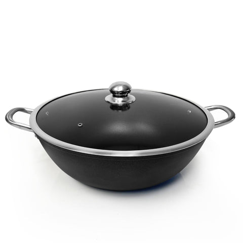 Nabe Cast Iron Wok Pan With Wooden Lid & Glass Lid Ø36 cm/6 L