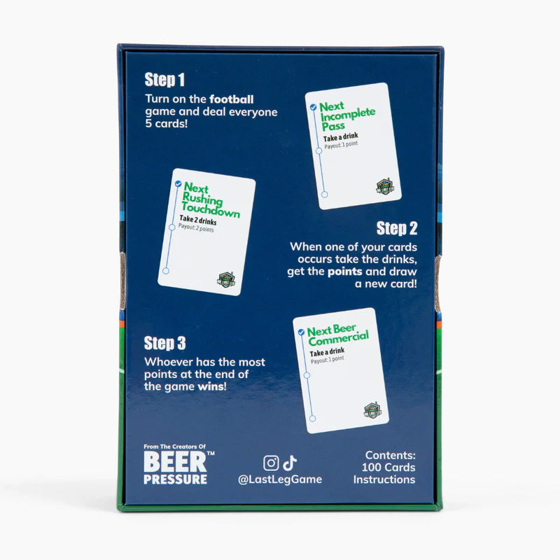 Card game instructions printed on a blue box with three gameplay steps.