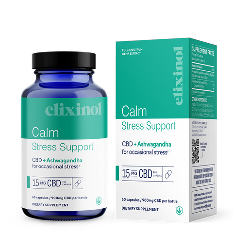 Elixinol Calm Stress Support CBD bottle and box