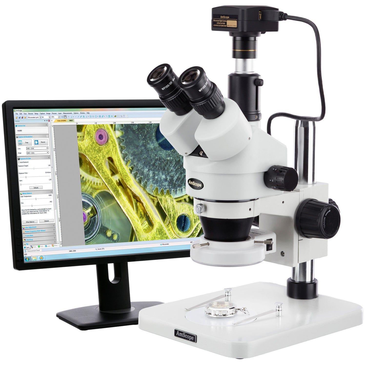 0.7X-5X Zoom Inspection Microscope w/ LED Ring Light on Table Stand + HDMI Camera