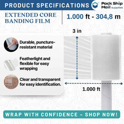 3" x 1000 Feet 80 Gauge Extended Core Stretch Film 18 Rolls Per Case