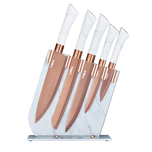 ZHUJIABAO Black Kitchen Knife Block Set with Acrylic Stand 6pcs Professional Stainless Steel Chef Knife Set with Nonstick Coating and Ultra Sharp