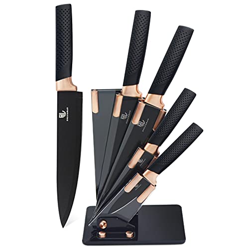 nuovva Kitchen Knife Block Set Copper 5 Piece Set with Knives Clear Acrylic  Block Stainless Steel Blades