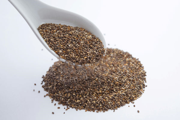 chia seeds being spooned onto a surface
