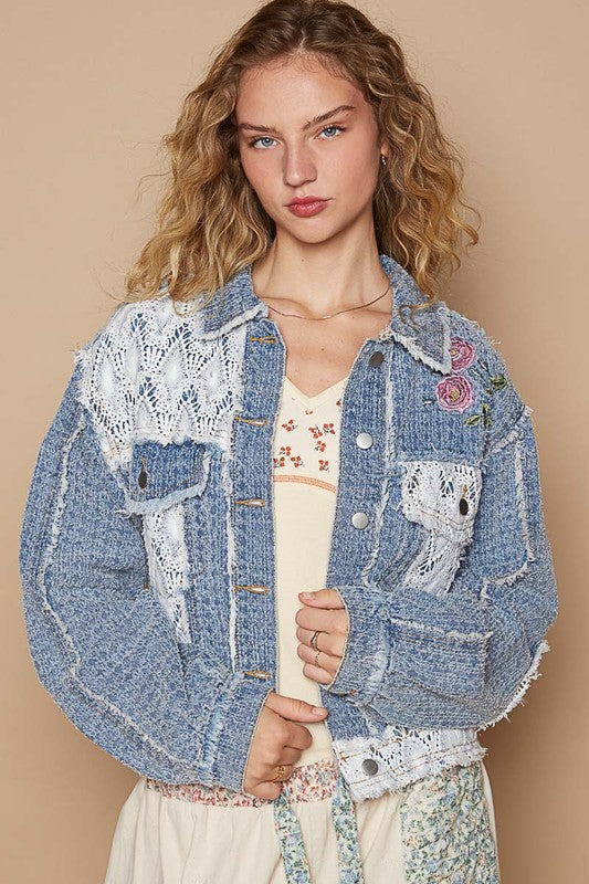 POL Clothing Crochet Patch Embroidered Button Up Womens Jacket
