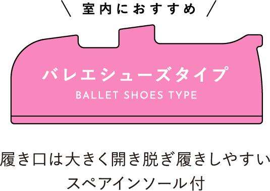 室内におすすめ バレエシューズタイプ BALLET SHOES TYPE 履き口は大きく開き脱ぎ履きしやすいスペアインソール付