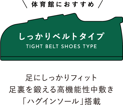 体育館におすすめ しっかりベルトタイプ TIGHT BELT SHOES TYPE 足にしっかりフィット足裏を鍛える高機能性中敷き「ハグインソール」搭載