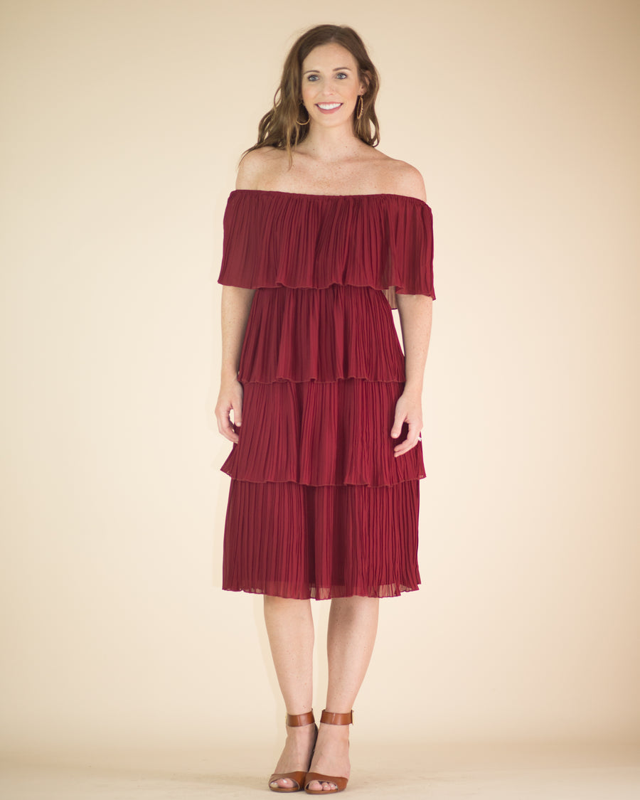 pleated off the shoulder dress