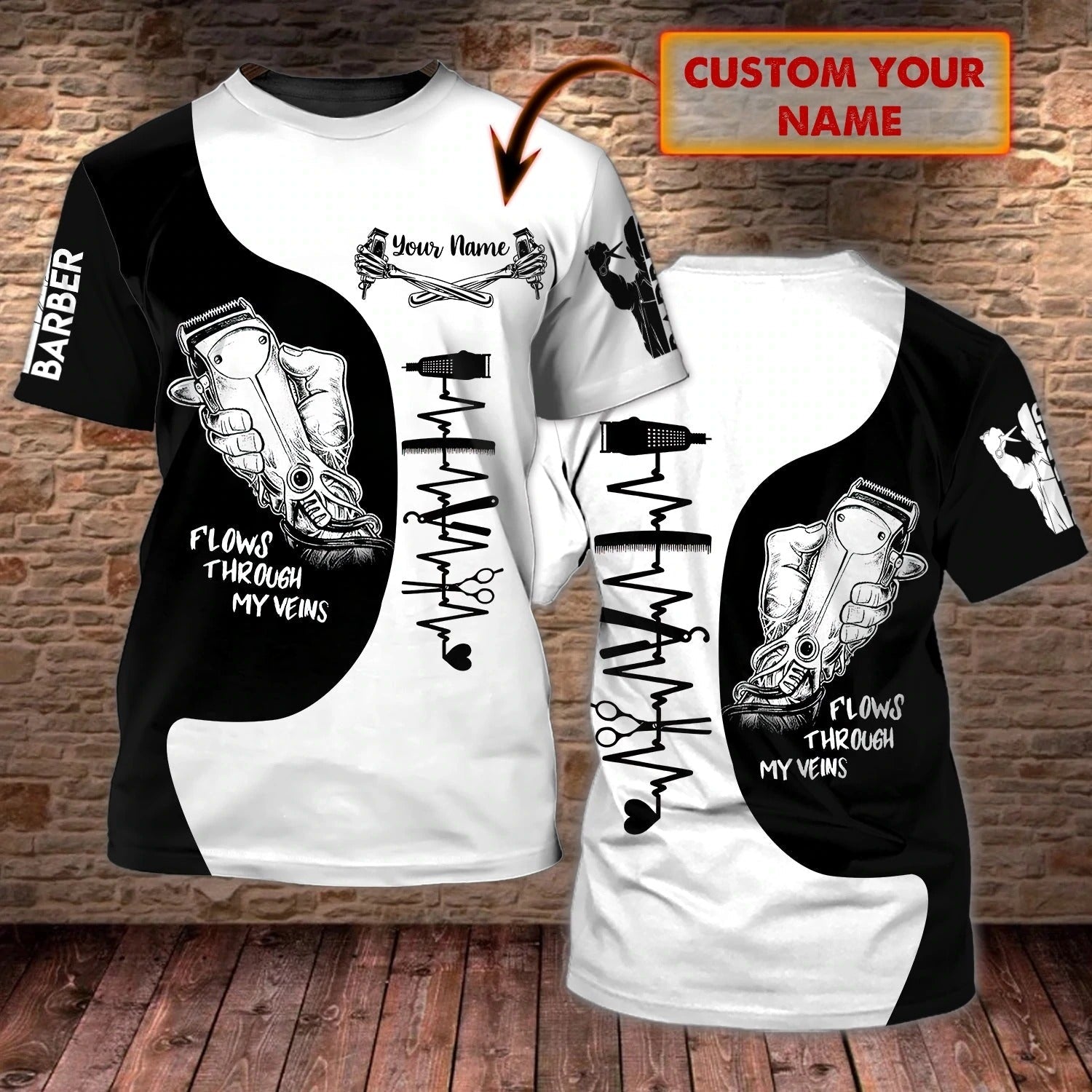 Custom Barber Tshirt, 3D Full Printing Barbers Shirts, Flows Through My Veins, Gift For Barber Dad