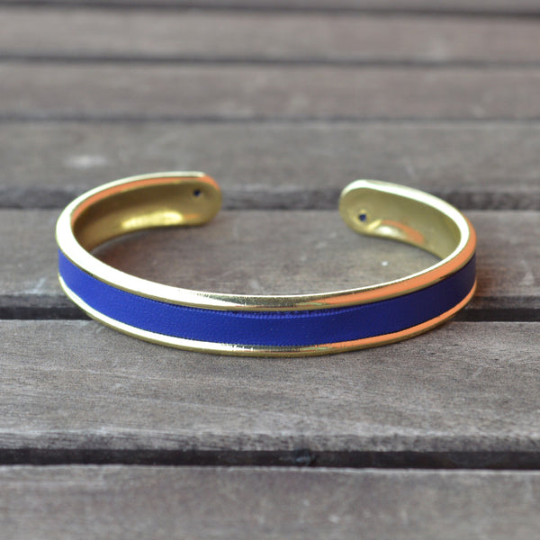 bracelet manchette tendance en laiton et cuir bleu