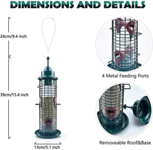 Load image into Gallery viewer, Green Caged Tube Bird Feeder Hanging Premium Squirrel Proof Wild Bird Feeder All Metal Cage Polycarbonate Feed Tube with 4 Feeding Ports for Outdoor Small Bird Wild Shelter
