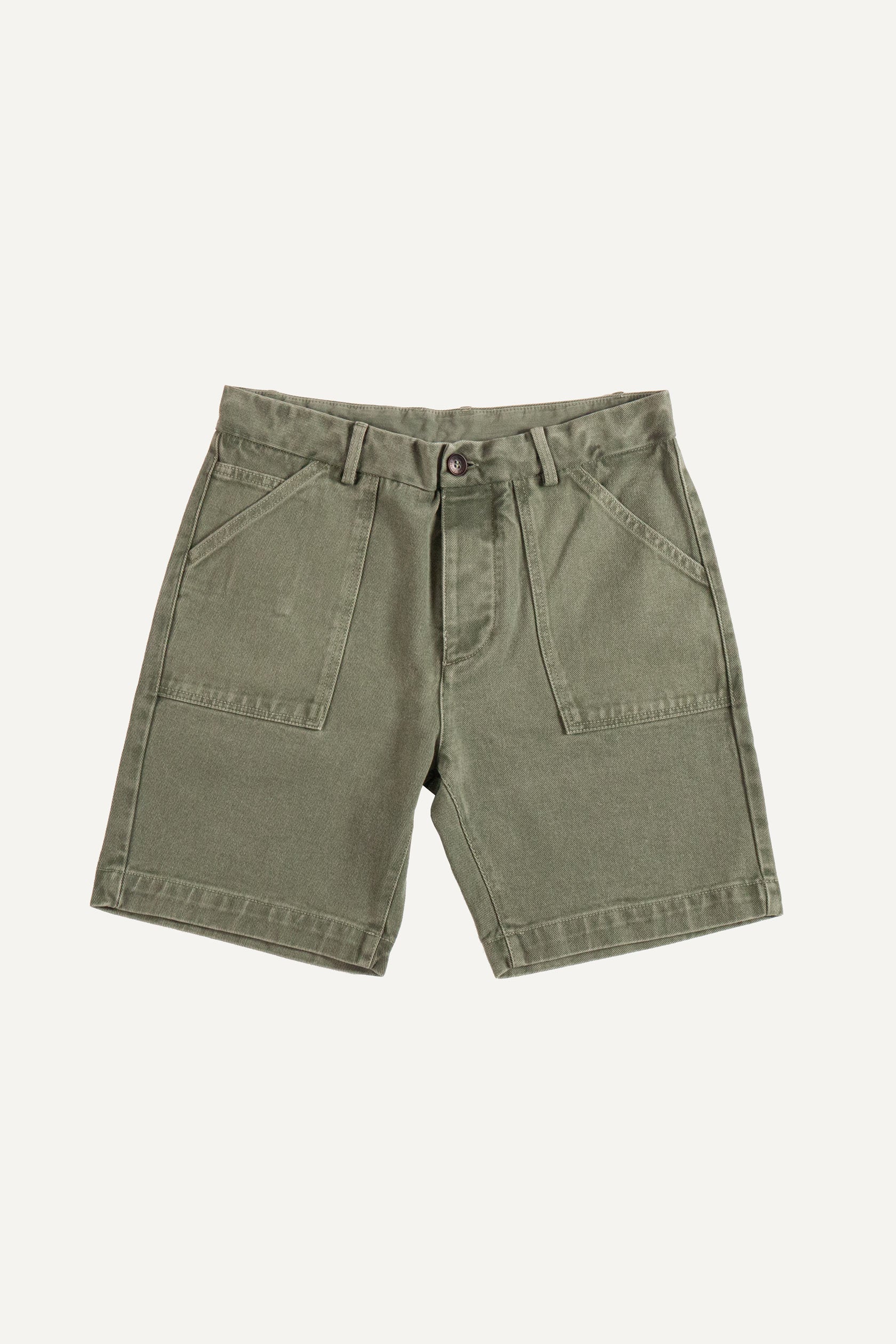 Short 4 poches en twill de coton épais vert délavé. - Premier bouton ...