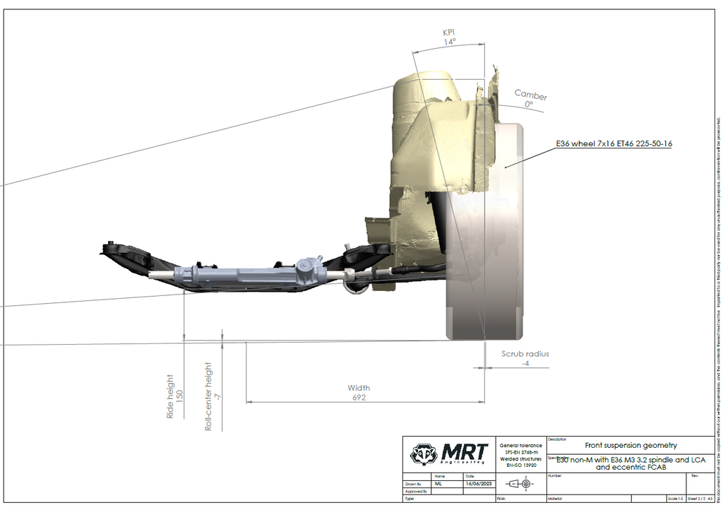 E30 non-M with E36 M3 3.2 spindle and LCA and eccentric FCAB front suspension geometry front view