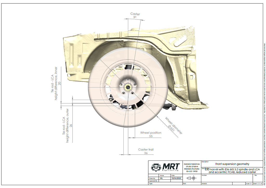 E30 non-M with E36 M3 3.2 spindle and LCA and eccentric FCAB, reduced caster, front suspension geometry side view