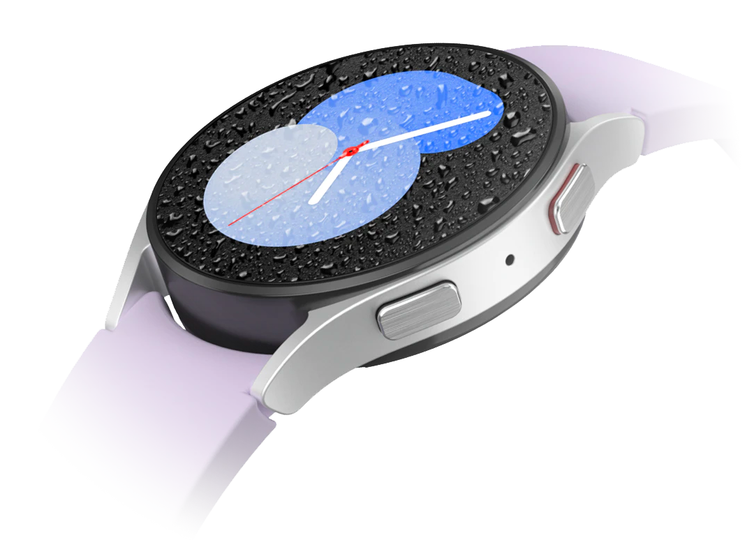 Samsung watch 5 in pink with water droplets on top