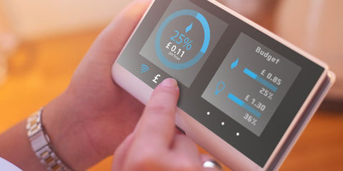 Smart meter showing electric and heating usage and cost.