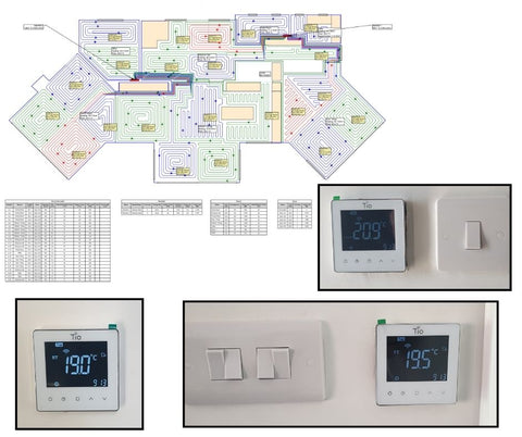 CAD Drawing highlighting the different zones alongside thermostats that control the heat for different rooms.