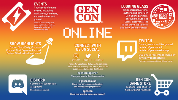 GenCon Online info graphic with information about their online convention. Information includes Events, Show Highlights, Vending, Twitch, Discord, and the Gen Con Game Store