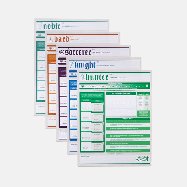 Five colorful character sheets from The Green Knight Fantasy Roleplaying game. The roles are Noble (teal), Bard (orange), Sorcerer (purple), Knight (blue), and Hunter (green). 