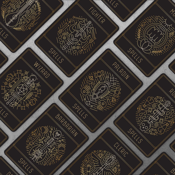 black and gold spell cards for D&D classes lined up in diagonal columns. Visible are Fighter, Paladin, Wizard, Barbarian, and Cleric. Created by Yaniir