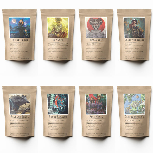 A collection of eight coffee bags from Found Familiar. The coffees featured are Thieves' Cant, Fey Step, Metamagic, Spare the Dying, Regular Gnoll, Rogue Panache, Pact Magic, and Cartographer's. Each bag features a unique piece of art on each bag.