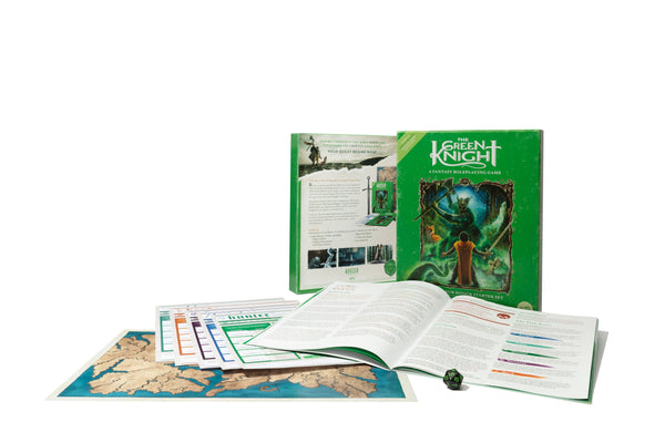 The Green Knight Fantasy Roleplaying Game. The image features the game box, the rule set, five character sheets, a map, and a single D20.