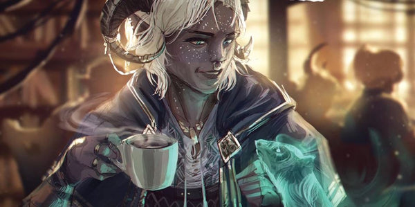 An illustration featuring purple skinned Tiefling drinking a cup of coffee smiling at an astral ferret. 