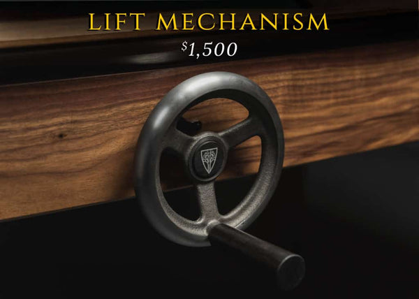 A close up of the lift mechanism for the Sojourn. Along the top of the image are the words "Lift Mechanism $1,500"