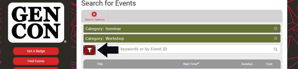 Screen shot of the Gen Con event finder with an arrow indicating the icon to use to filter the event types offered.
