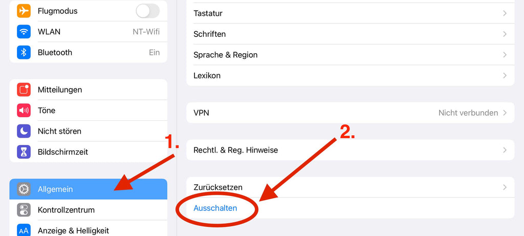 Auch über Einstellungen > Allgemein > Ausschalten läßt sich jedes iPad Modell neustarten.