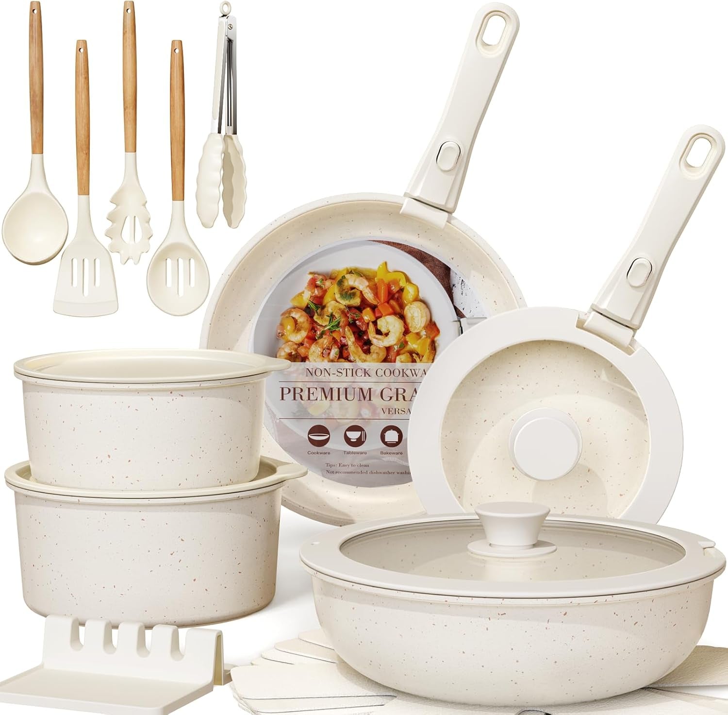 Astercook 21 Pcs Pots and Pans Set Non Stick, Ceramic Cookware Set Detachable Handle, RV Kitchen Cooking Set Removable Handles, Oven Safe, Induction Ready, Stackable Non-Stick Set, Cream White