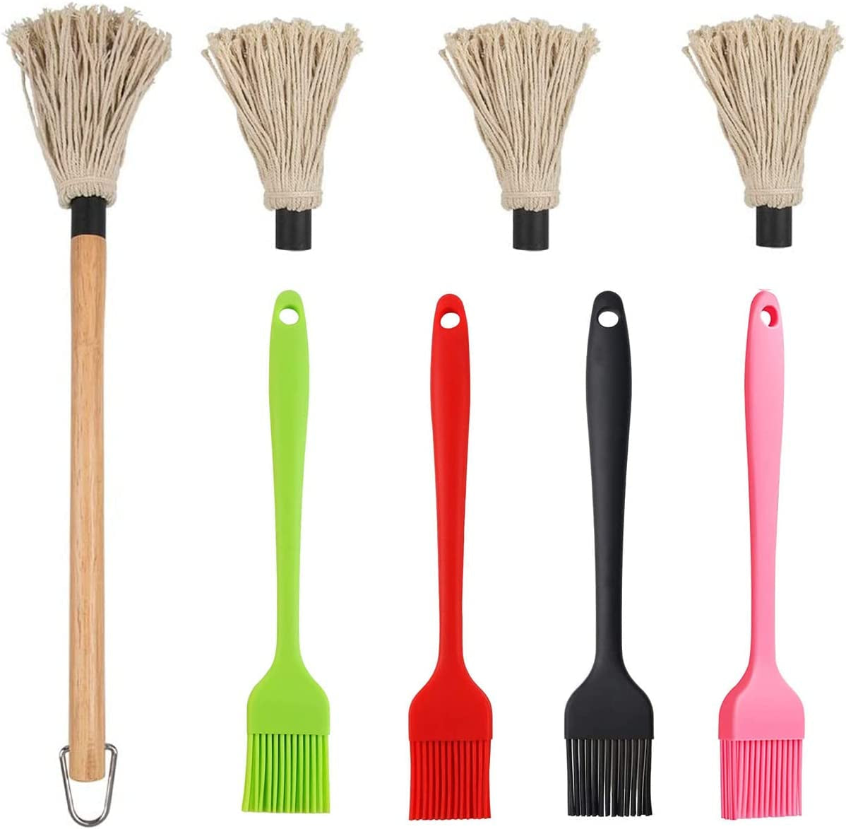 YOKIOU 18In Grill Basting Mop BBQ Mop Brushes for Sauce with 3 Extra Replacement Cotton Fiber Basting Mop Heads and 4 Pcs Silicone Basting Pastry & BBQ Brush Set