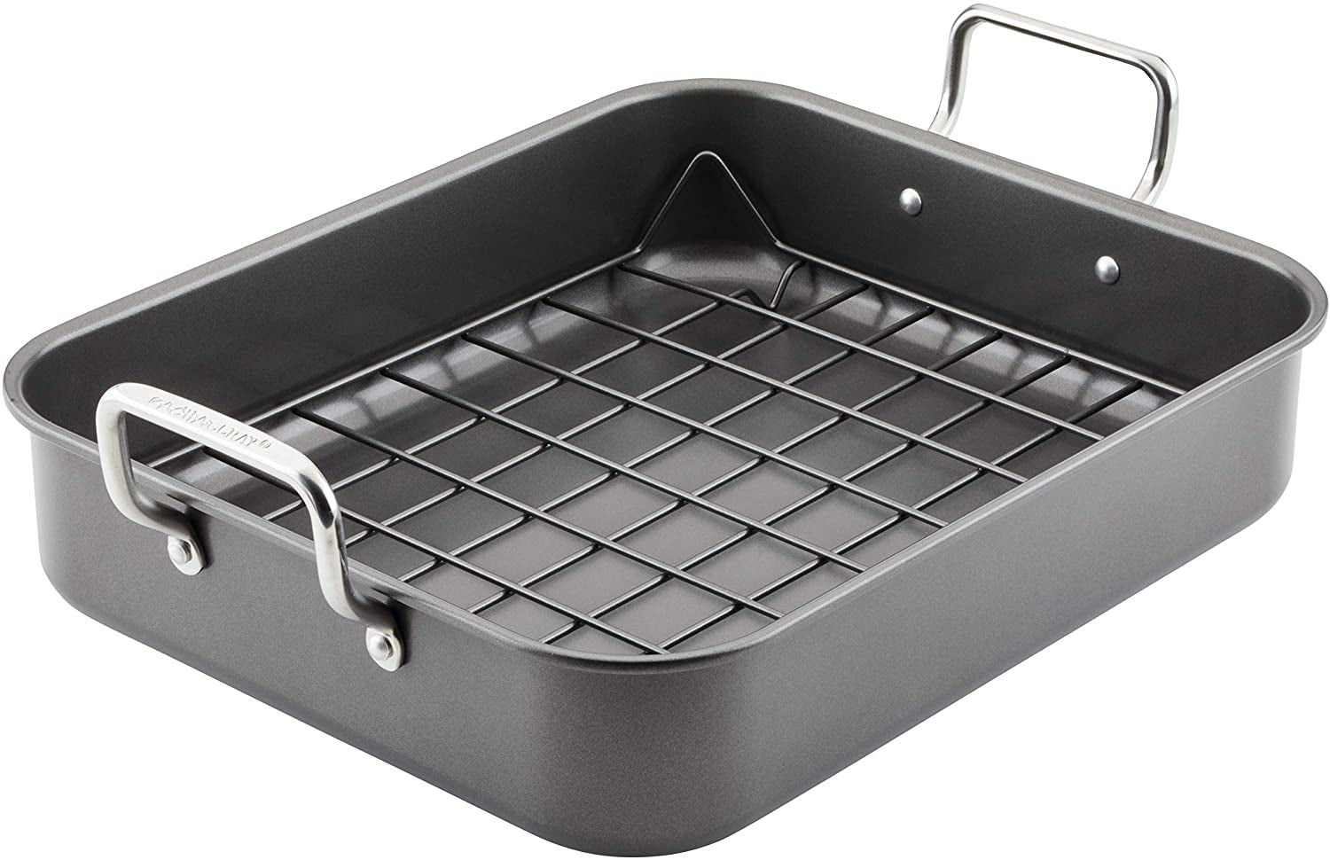 Rachael Ray Bakeware Nonstick Roaster/Roasting Pan with Reversible Rack, 16.5 Inch X 13.5 Inch, Gray