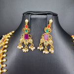 Beautiful Gold Finish AD And Navaratan Long Necklace With Earrings