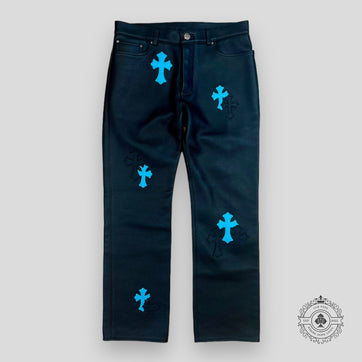 Chrome Hearts White & Blue Leather Cross Patches Jeans - SRM – SHENGLI ROAD  MARKET