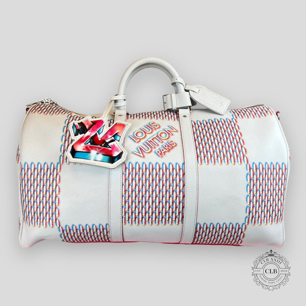 Louis Vuitton Keepall Bandouliere 50 Damier Spray White Logo Weekend Travel  Bag