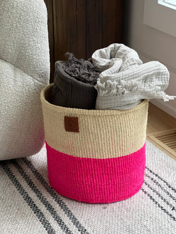 Gorgeous woven baskets from kenya and throw blankets in granite and nuage